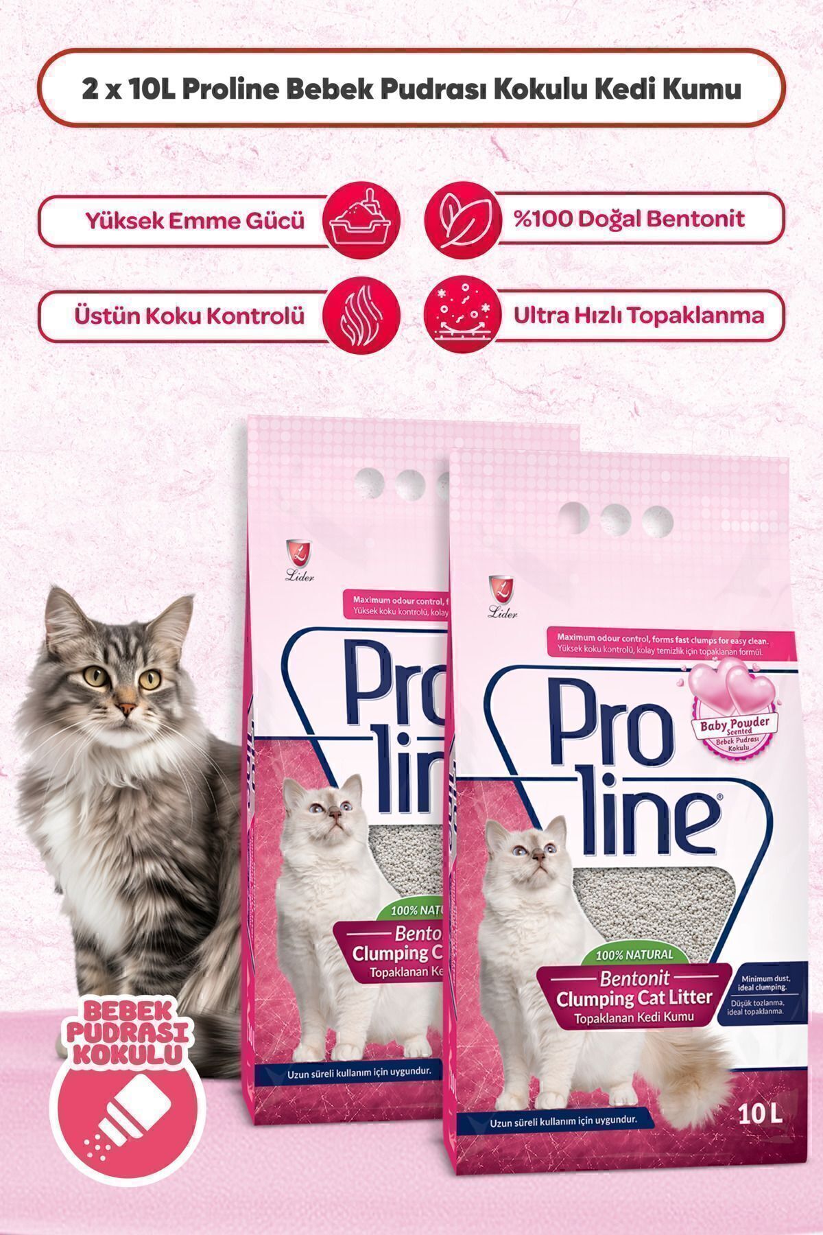 Proline Proline Bebek Pudrası Kokulu Ince Tane Topaklanan Kedi Kumu 10 Lt X 2 Adet