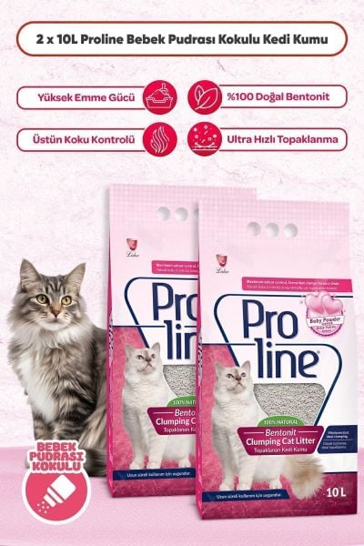 Proline Proline Bebek Pudrası Kokulu Ince Tane Topaklanan Kedi Kumu 10 Lt X 2 Adet