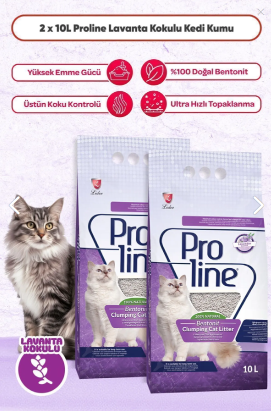 Proline Lavanta Kokulu 10 lt 2'li Bentonit Kedi Kumu