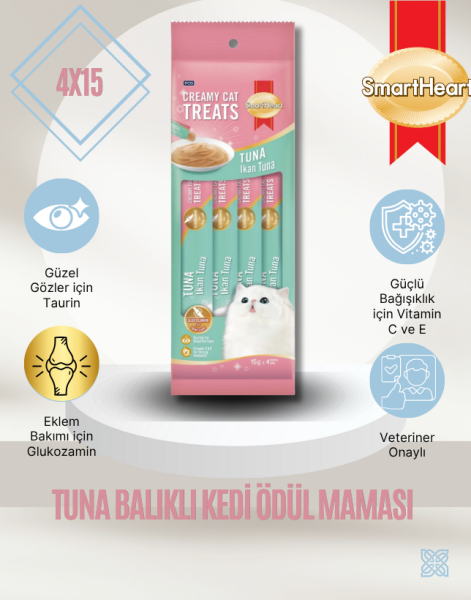 SmartHeart Gold Creamy Cat Treats Tuna Balıklı Kedi Ödül Maması 4x15g – Kremsi ve Lezzetli Atıştırmalık